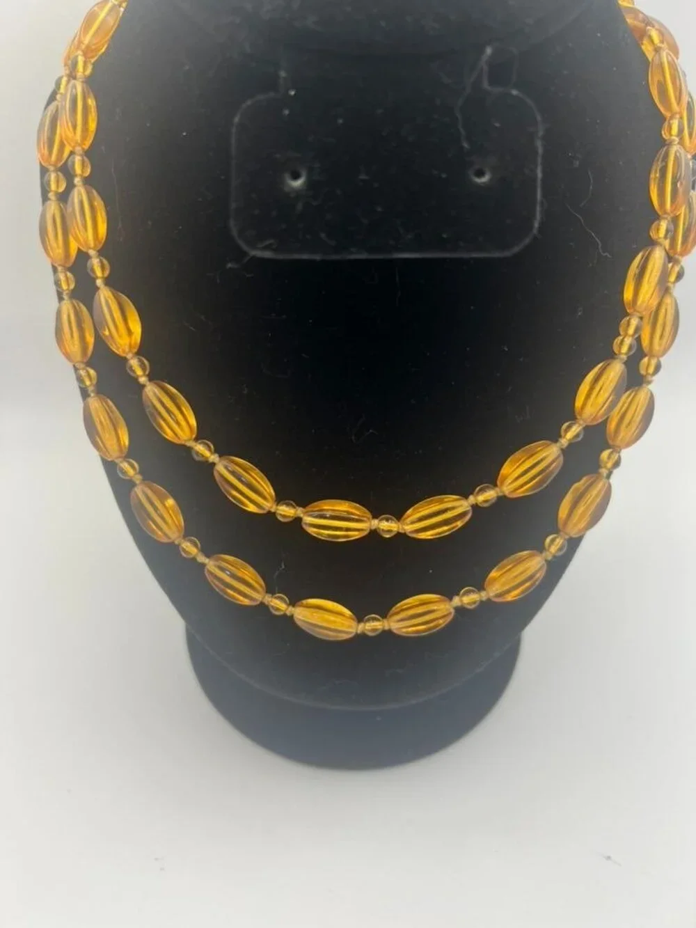 Vintage Amber Glass Bead Necklace Fluted Oval Beads Continuous Strand